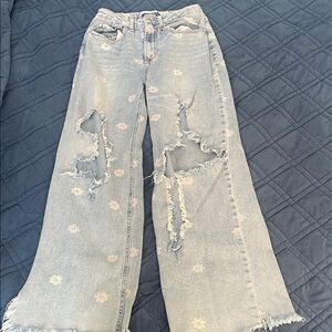 Tinseltown Light Blue Floral Distressed Wide-Leg Jeans